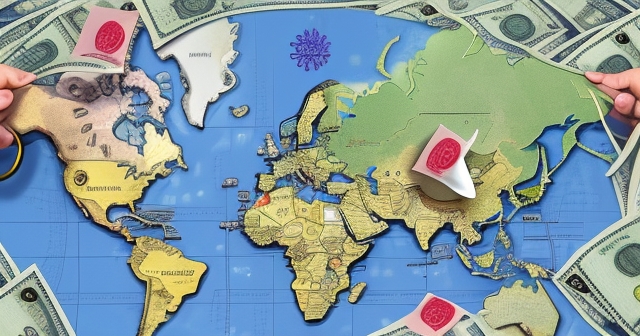 世界地圖上標示著不同的貨幣符號