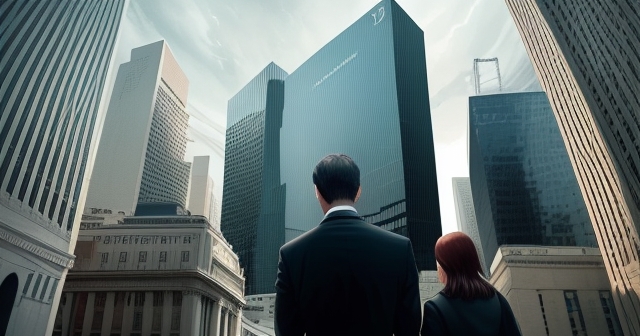 聯準會大樓的藝術畫面呈現，並顯示利率變化。