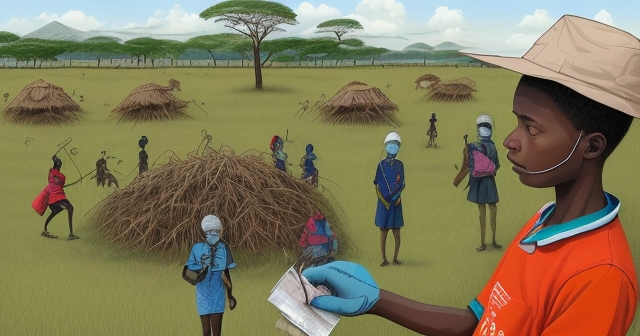 一位健康工作者正在非洲的村莊中向居民宣傳防治瘧疾的信息。