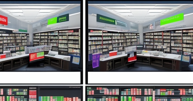 一側是金融交易桌，另一側是藥局陳列的非處方藥。