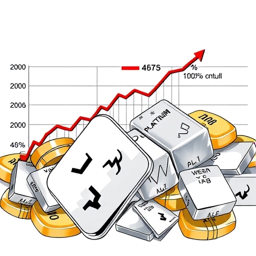 藝術性描繪鉑金金條，周圍環繞著金子和白銀，突顯市場動態。