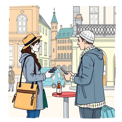 在歐洲城市中的旅行者進行貨幣兌換