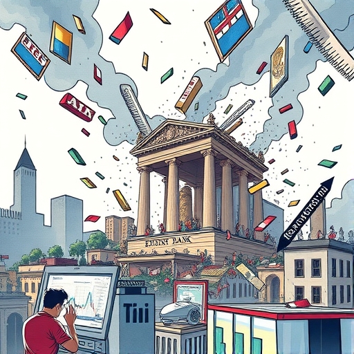 一家銀行在金融混亂中倒閉的戲劇性插圖，象徵矽谷銀行的突然失敗。