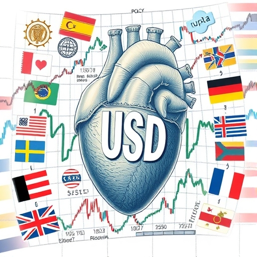 以美元為心臟的視覺隱喻,穿梭於全球經濟中,周圍圍繞著多種貨幣。