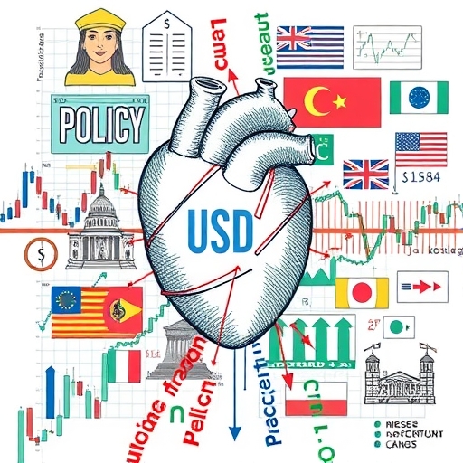 複雜的插圖顯示美元匯率波動,背景有政策、經濟與信心的象徵。