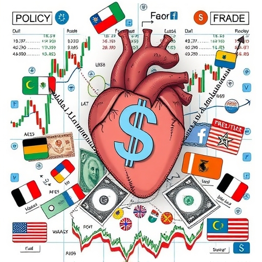 藝術性表現的交易圖表,交疊著國家旗幟象徵國際貿易。