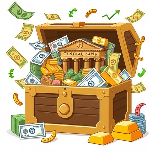 一副象徵金融穩定的隱喻安全保險櫃,顯示出上升的趨勢圖與貨幣符號。