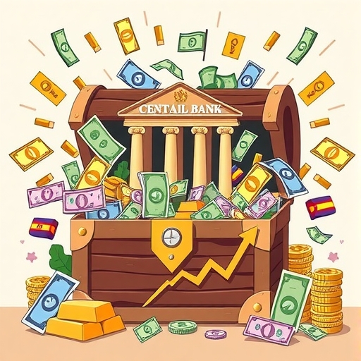 一座央行大樓,周圍漂浮著貨幣和黃金,象徵國家財富。