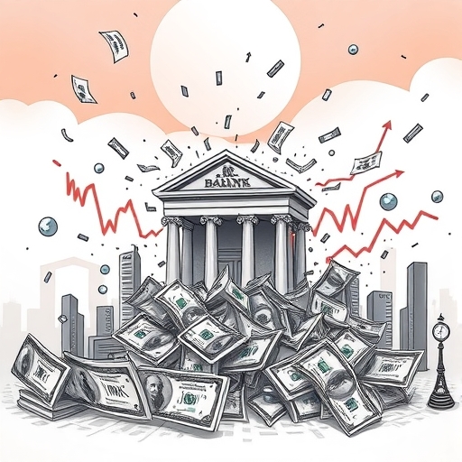 一幅抽象的金融風險管理插圖，展示圖表和數據點與技術元素交織在一起。