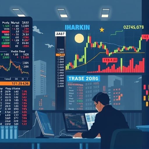 視覺呈現交易者分析夜間市場數據的畫面。