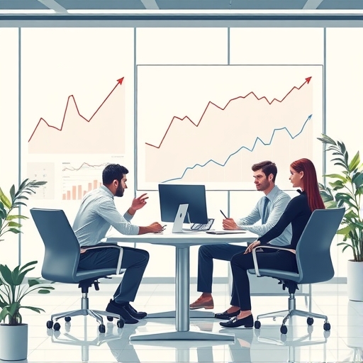 交易者在明亮的辦公室討論策略