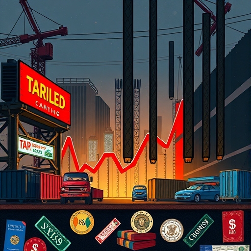 一幅陰鬱的金融市場場景,突顯關稅的影響。