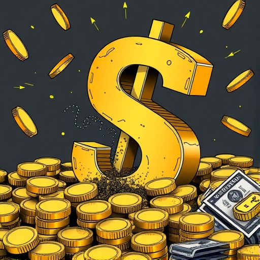 金幣與下跌中的貨幣符號,顯示經濟不穩定。