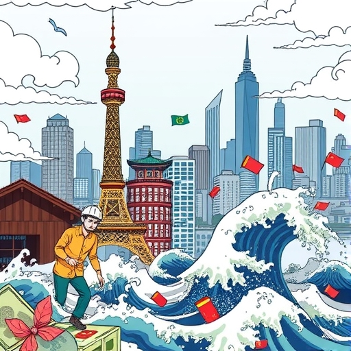 一個金融市場的波動場景，背景是台北的天際線。