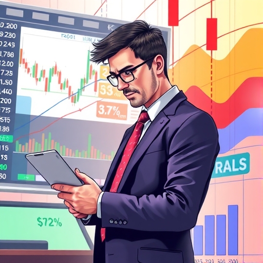 一位交易者正在分析市場新聞,背景有圖表