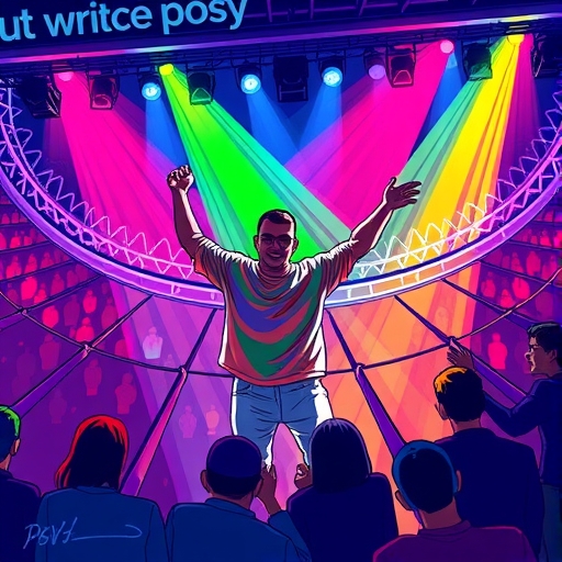 Psy在舞台上表演,色彩鮮艷的燈光效果