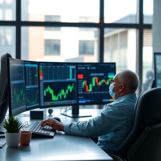 一位交易員在現代辦公室中分析圖表