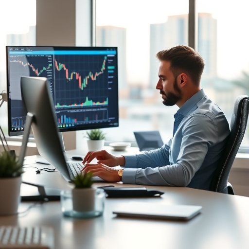 一位交易員在現代辦公室中分析圖表
