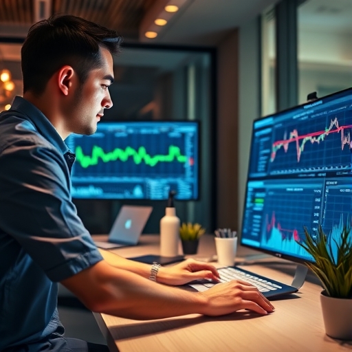 一位交易員在現代辦公室中分析圖表