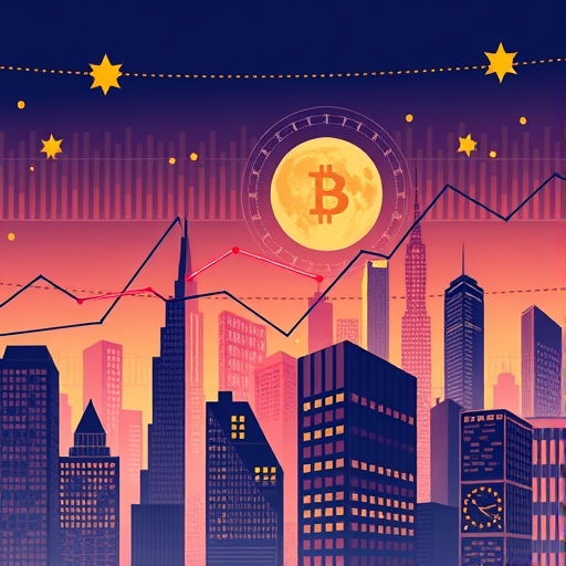 一張插圖描繪金融市場動態,強調全球資本流動與貨幣兌換,包含世界地圖元素和不同貨幣符號。