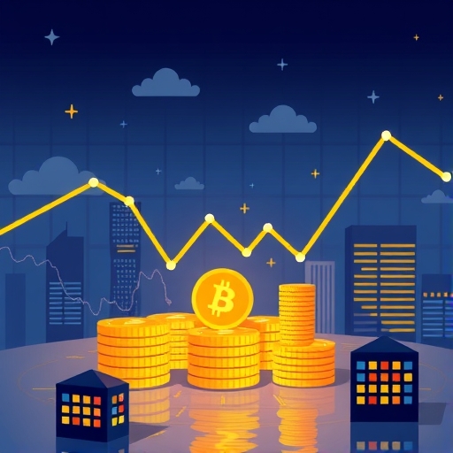 一張插圖描繪金融市場動態,突顯加密貨幣交易與區塊鏈技術,包含數位貨幣和網路連結。