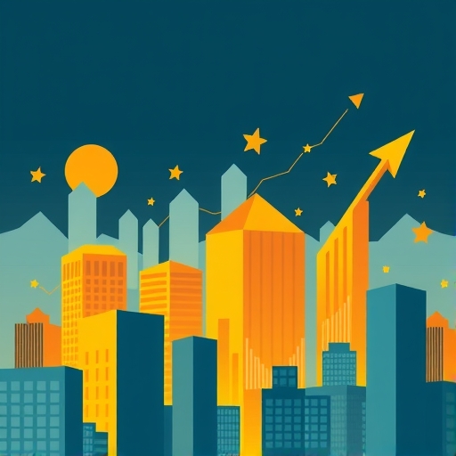 一張插圖描繪金融市場的動態,包含圖表、曲線和貨幣符號,展現快速變化與相互關聯性。