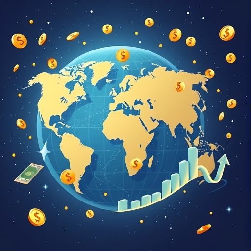 全球貨幣交換的抽象圖示,顯示多種貨幣符號與世界地圖連結。