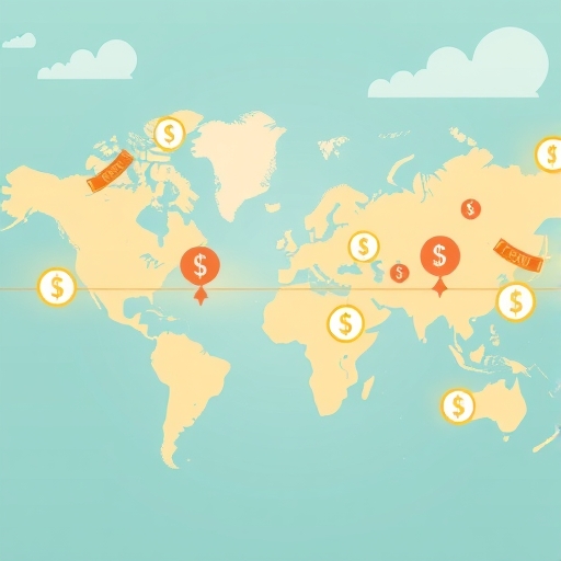 一群來自不同國家的人,部分手持貨幣,象徵全球貿易與文化交流。