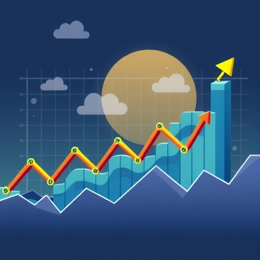 一張描繪股票市場趨勢的動態插圖，包含代表漲跌的圖表與數據可視化