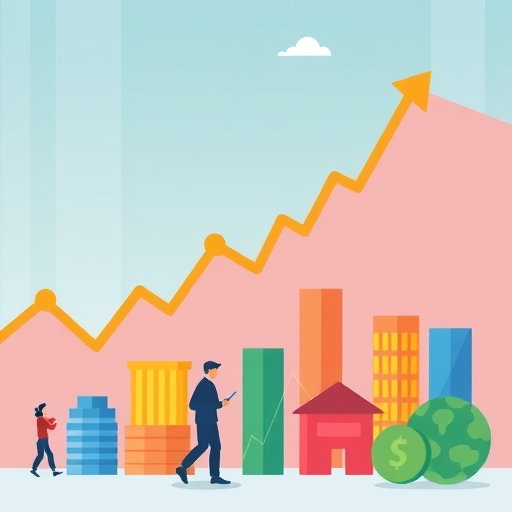 一張充滿活力的股票市場趨勢插圖，展現漲跌與金融圖表數據