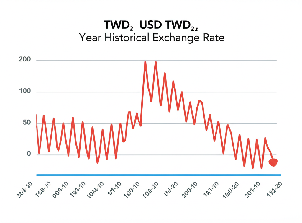 時間軸插圖顯示貨幣兌換圖表,呈現USD TWD十年歷史匯率波動,受全球經濟與政策影響