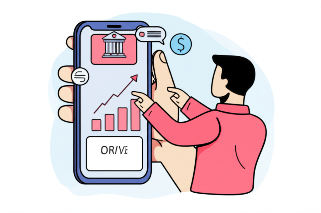 使用智慧手機操作網路銀行,背景有貨幣符號和上升趨勢圖表,代表聰明換匯策略