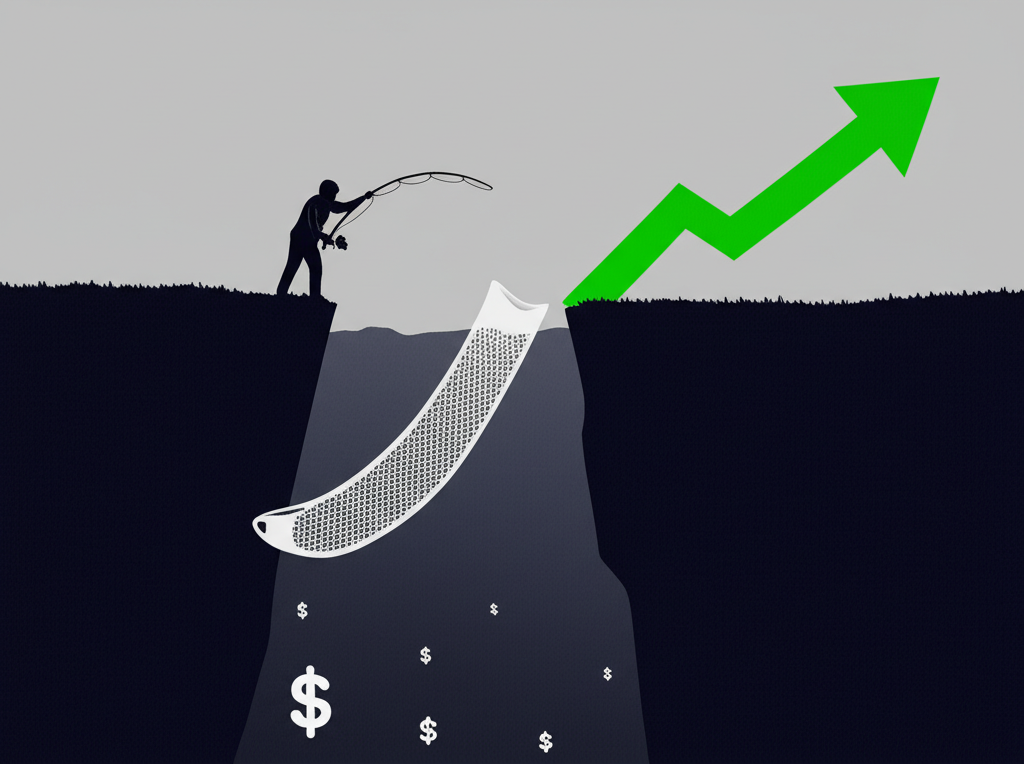 抄底策略示意圖：投資者在低谷勇敢買進，預期未來上漲