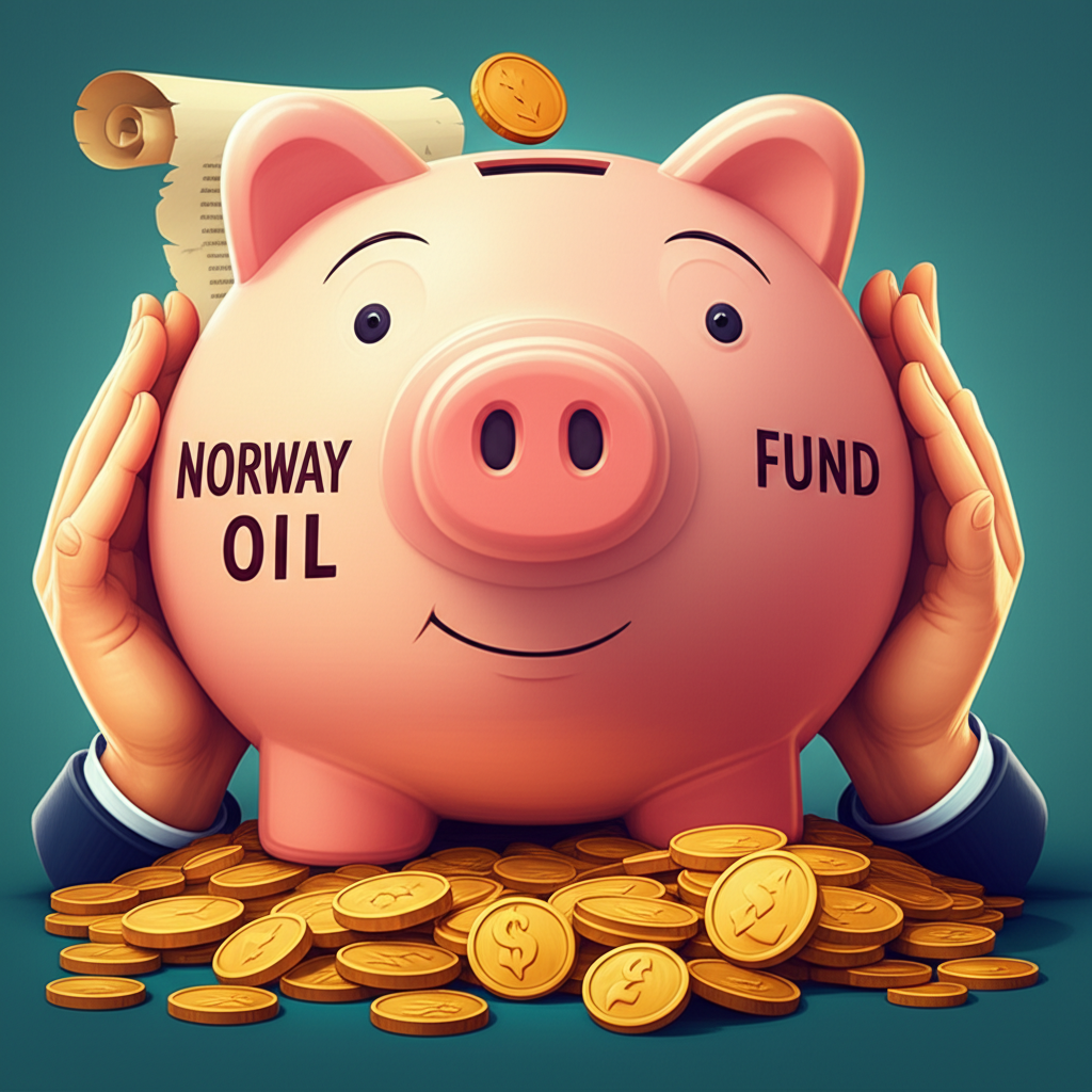 標示挪威石油基金的巨型存錢罐或寶箱，守護金幣供未來世代，背景有智慧管理和財政規則捲軸