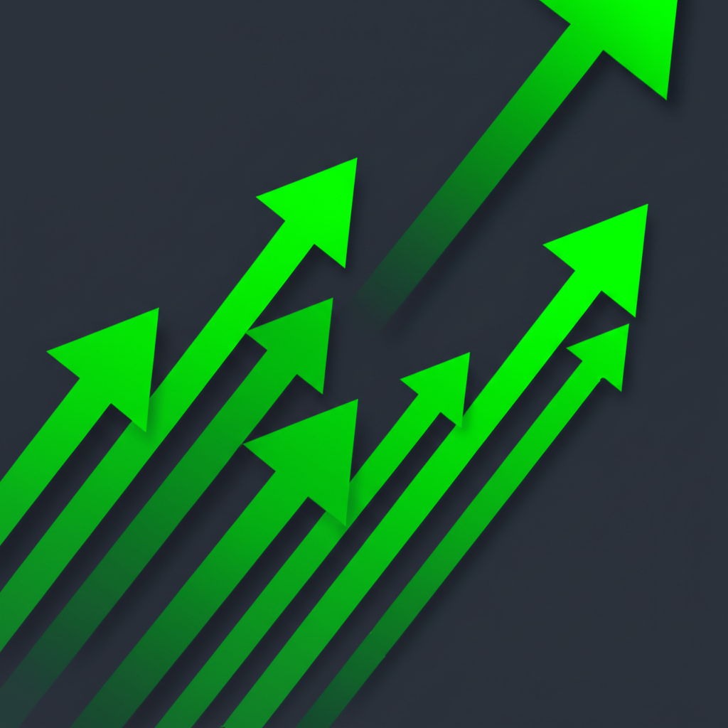 股票圖表顯示上漲趨勢,多個綠箭頭標示外資連續買進的樂觀象徵