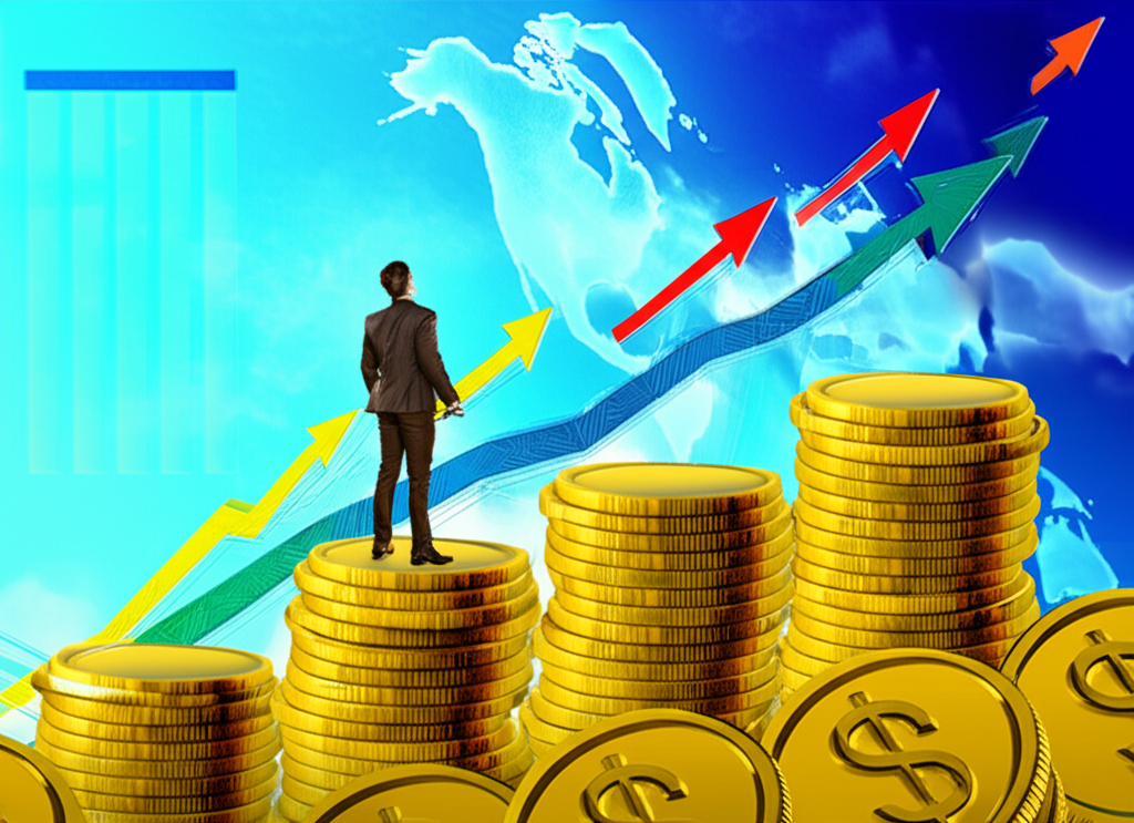 商業人士站在金幣堆上觀察上升圖表，象徵資本成長與利潤
