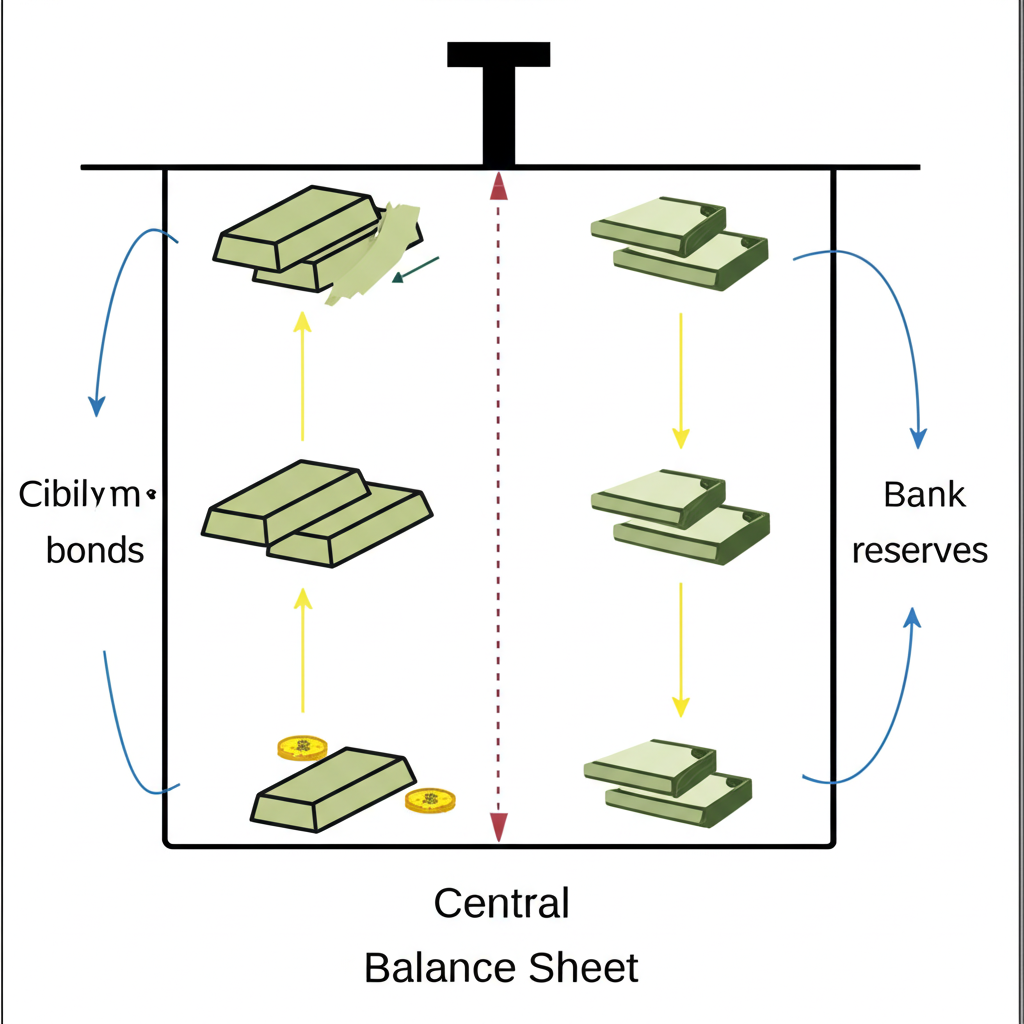 央行資產負債表簡圖,展示公債等資產與銀行準備金等負債的組成與資金流動