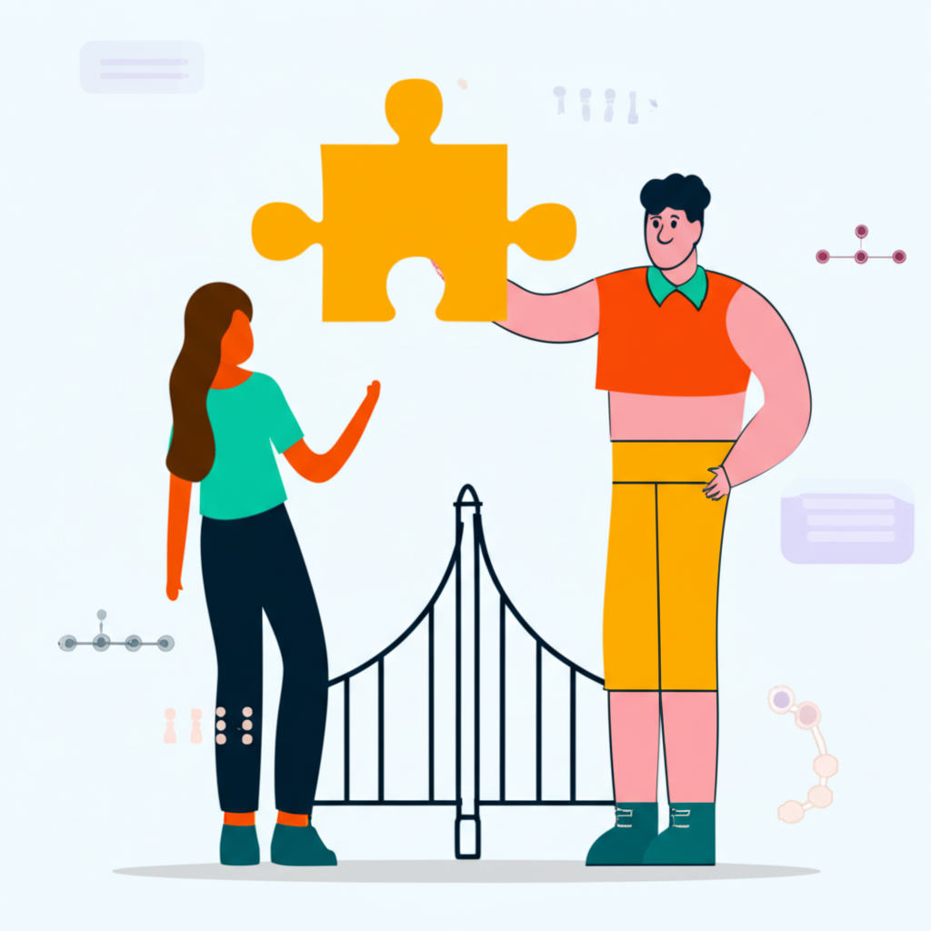 品牌吉祥物角色協助一位人物拼湊拼圖,象徵透過有價值的資訊解決問題,並以信任之橋連結彼此,周圍環繞數位元素展現權威與可信度