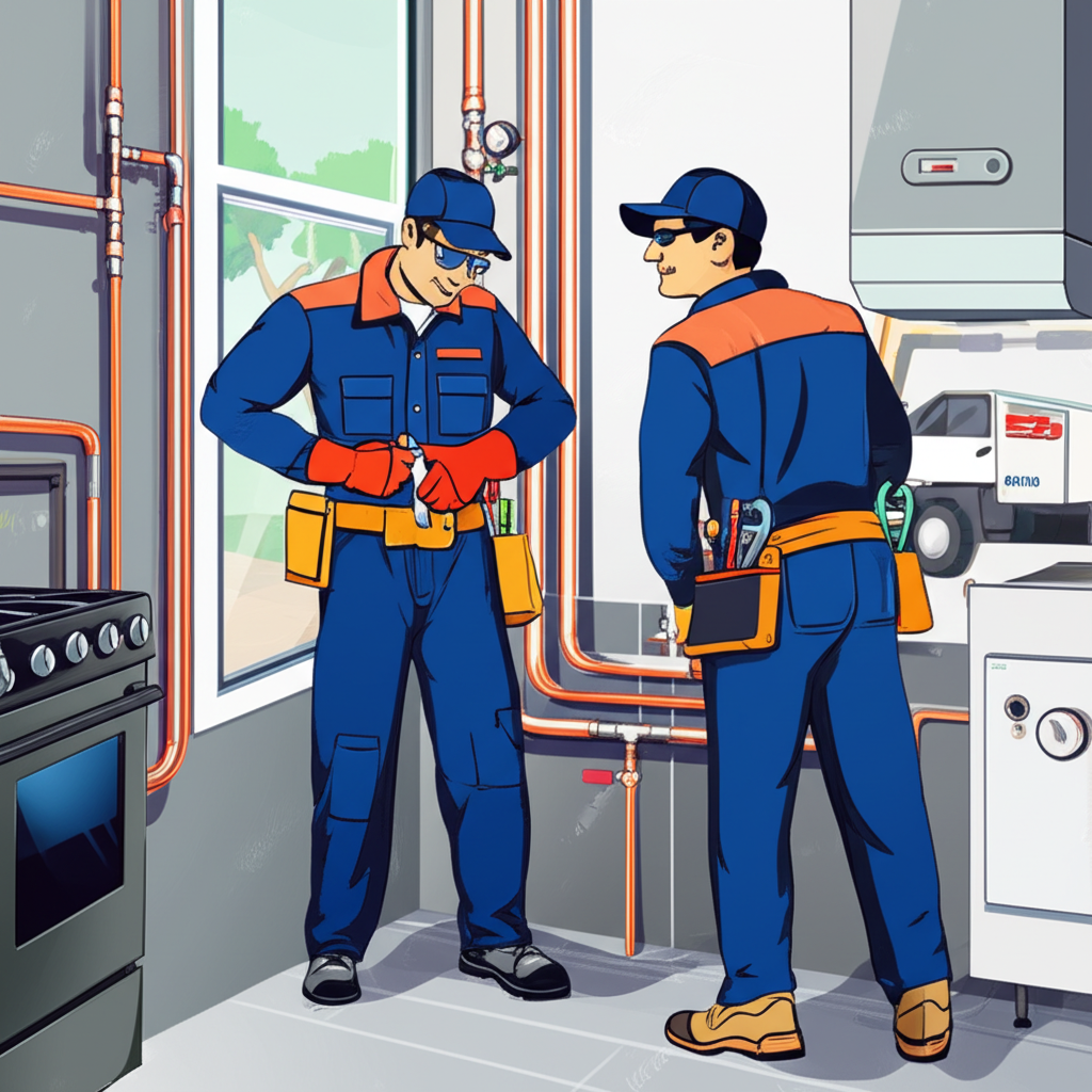 專業技師在家中安裝瓦斯管線與現代器具，使用安全工具，背景有配送車