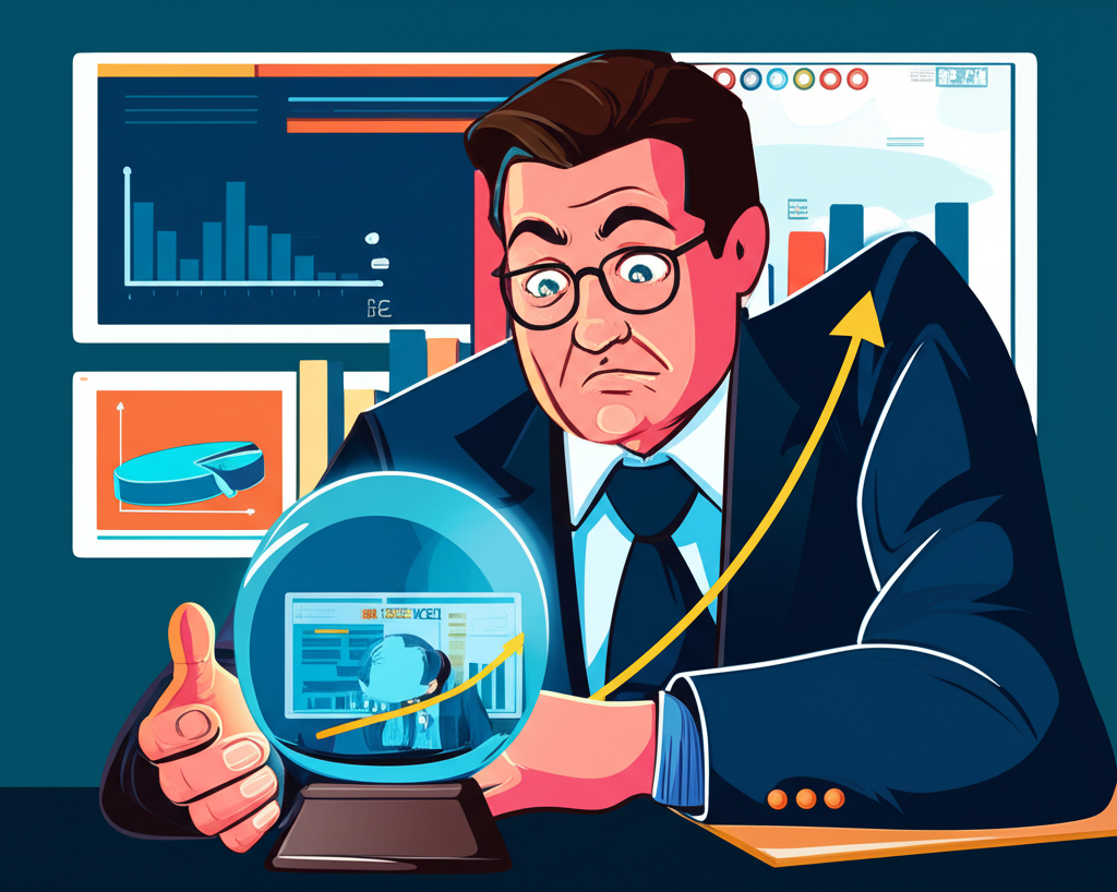 投資者使用水晶球和圖表分析未來股票成長，代表預期本益比概念