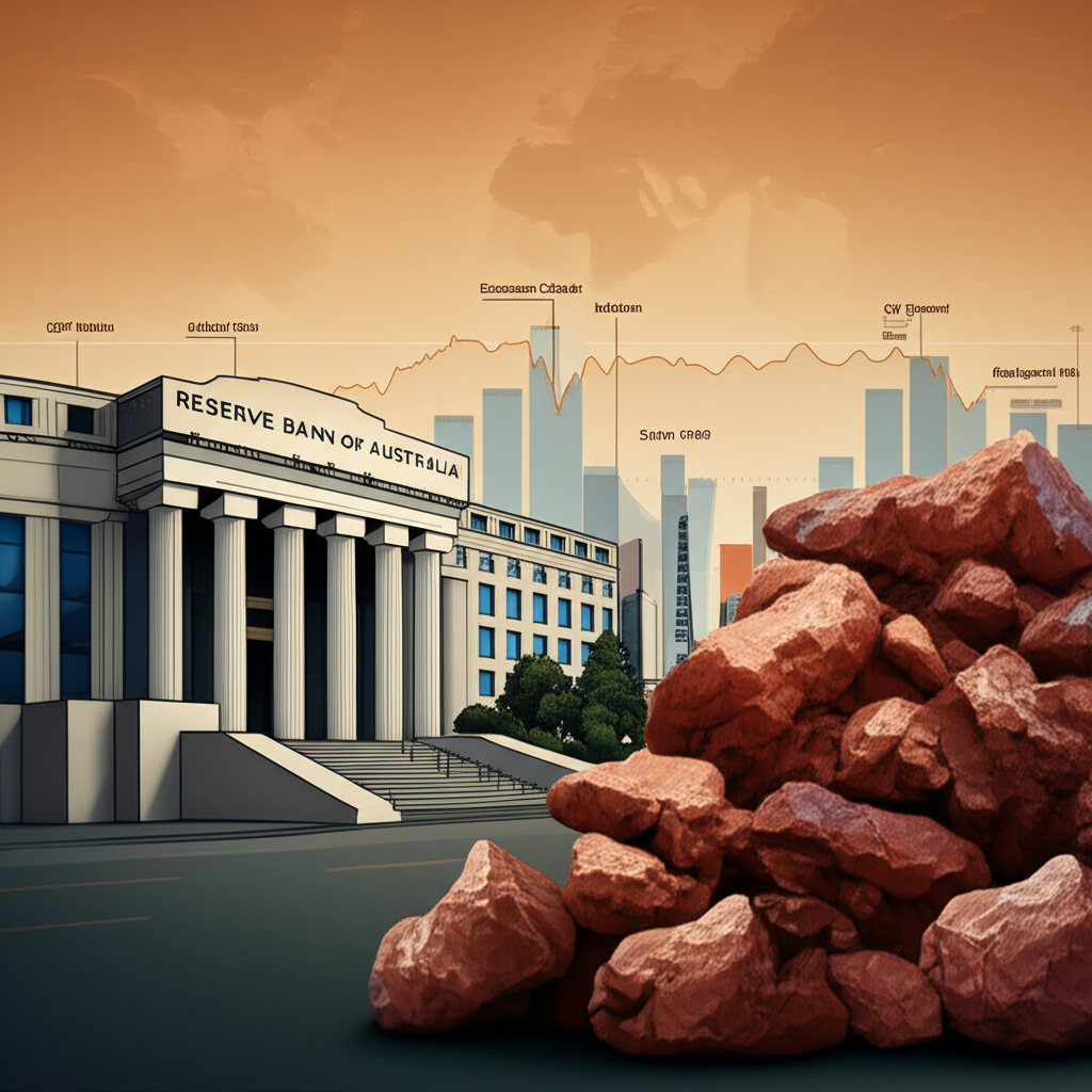 Illustration showing Reserve Bank of Australia building next to a stack of iron ore and charts representing GDP inflation and employment data with a global economic outlook background
