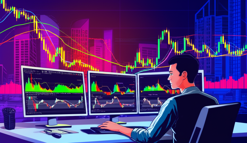 交易者觀看包含布林通道的蠟燭圖表,背景為全球市場