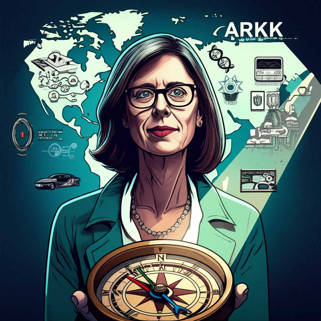 Cathie Wood 作為遠見基金經理,手持指南針指向創新科技公司,周圍環繞全球地圖與 ARKK 聚光燈