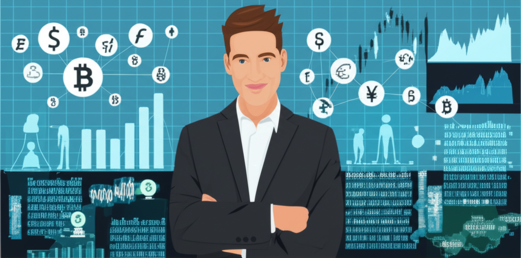 各種金融市場如加密貨幣、外匯和大宗商品的插圖，中央人物管理跟單交易