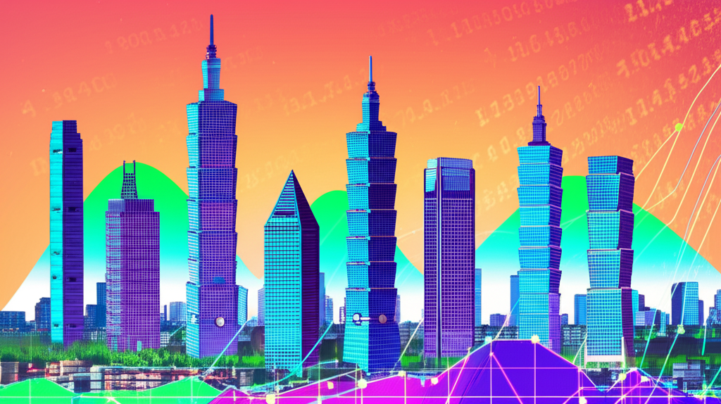 十棟高聳企業大樓象徵台灣市值前十大公司，矗立在經濟成長圖表上，周圍環繞全球經濟數據，背景為城市天際線，色彩鮮豔