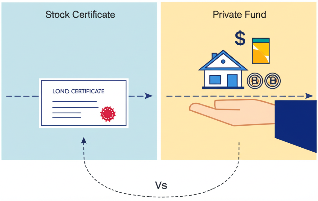 兩條不同路徑圖示，一條通往單一公司股票證書，另一條通往由基金經理管理的多元資產組合，代表私募股票與私募基金的差異