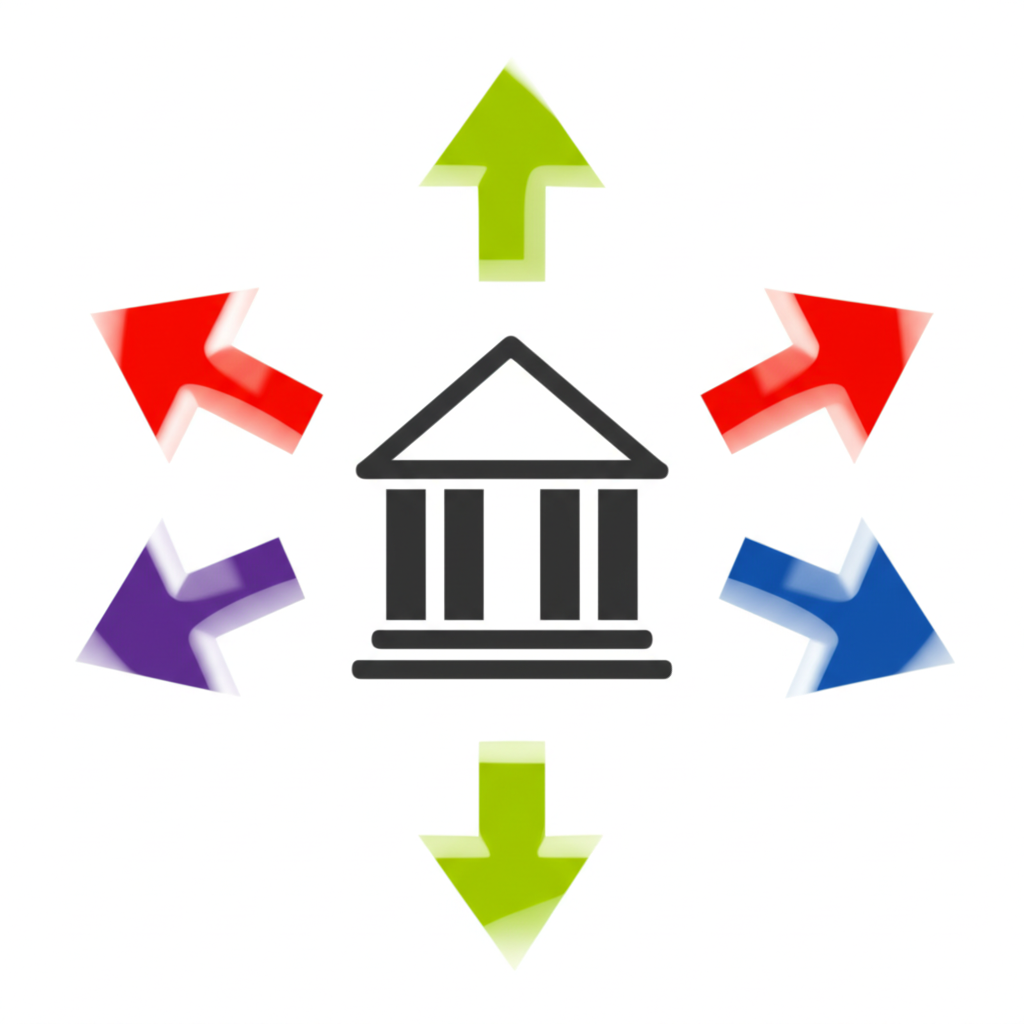 銀行建築居中,箭頭從兩側指向與離開,象徵銀行從客戶買進賣出外幣的視角