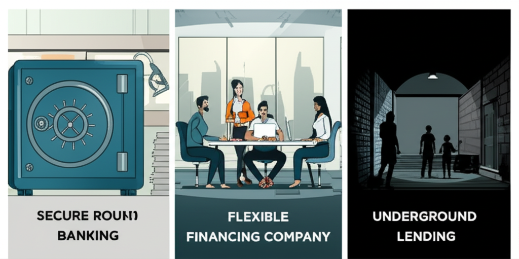Illustration showing three distinct financial pathways a secure bank vault a flexible financing company office and a shadowy alley representing underground lending highlighting their differences in legality and services