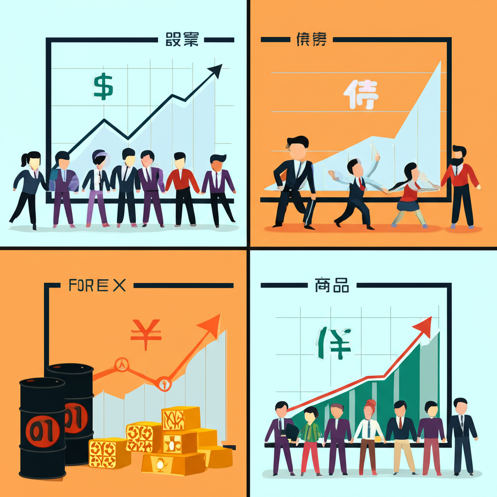 股票、債券、外匯與大宗商品四大市場的象徵圖示與參與者