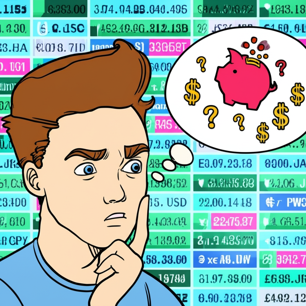 人專注盯著銀行匯率牌的複雜數字,腦中氣泡顯示困惑與錯失省錢的機會